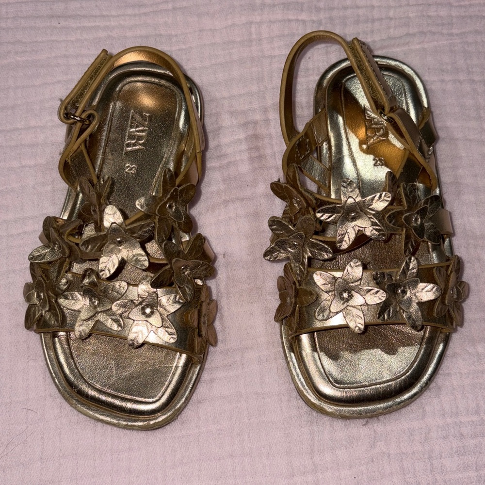 Zara Kids Metallic Gold Floral Sandals